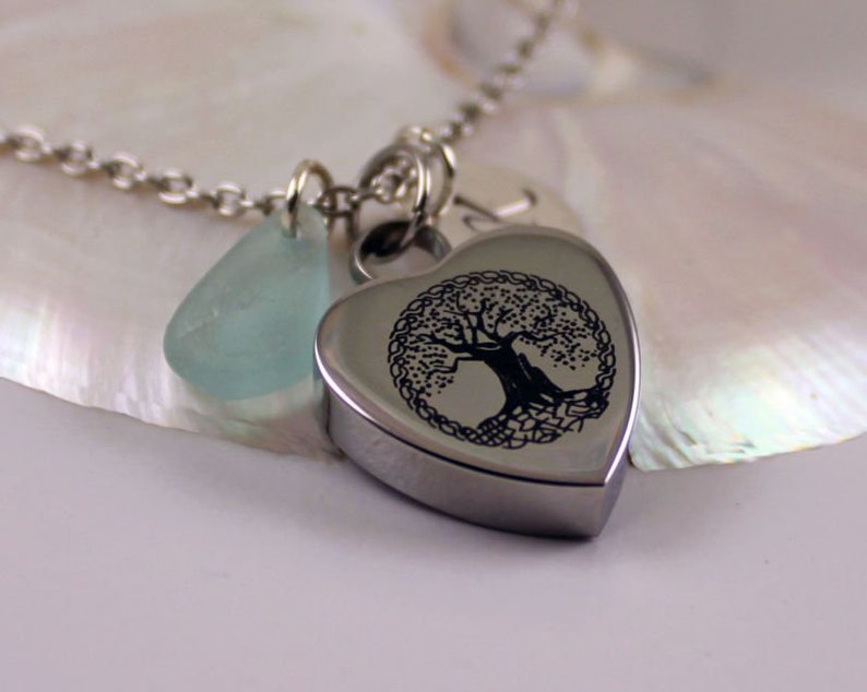 ALTHOUGH-Real Blue Seaglass Cremation Urn Necklace Personalized Initial Charm,Memorial Pendant,Stainless Steel Engraved Heart Tree of Life