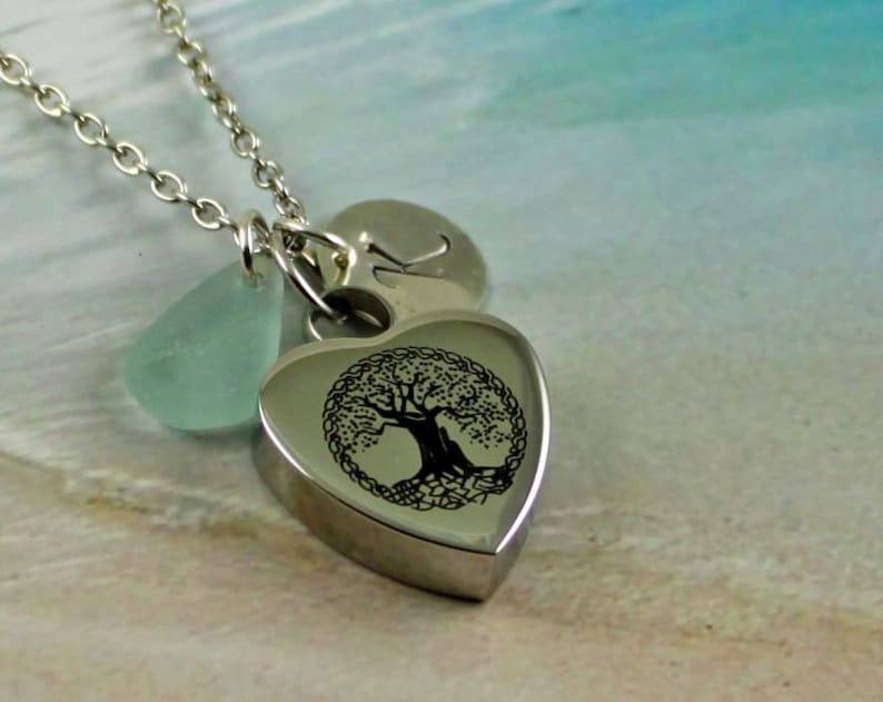 ALTHOUGH-Real Blue Seaglass Cremation Urn Necklace Personalized Initial Charm,Memorial Pendant,Stainless Steel Engraved Heart Tree of Life