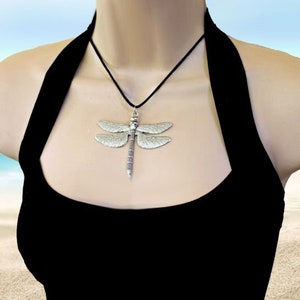 INTRIGUE Large Dragonfly Necklace, Antiqued Silver, Summer Jewelry, Flying Bug, Nature Jewelry, Black Cord, Insect, XL Wings, Personalized image 2