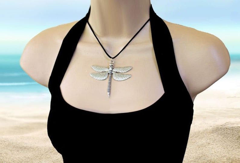 INTRIGUE Large Dragonfly Necklace, Antiqued Silver, Summer Jewelry, Flying Bug, Nature Jewelry, Black Cord, Insect, XL Wings, Personalized image 2