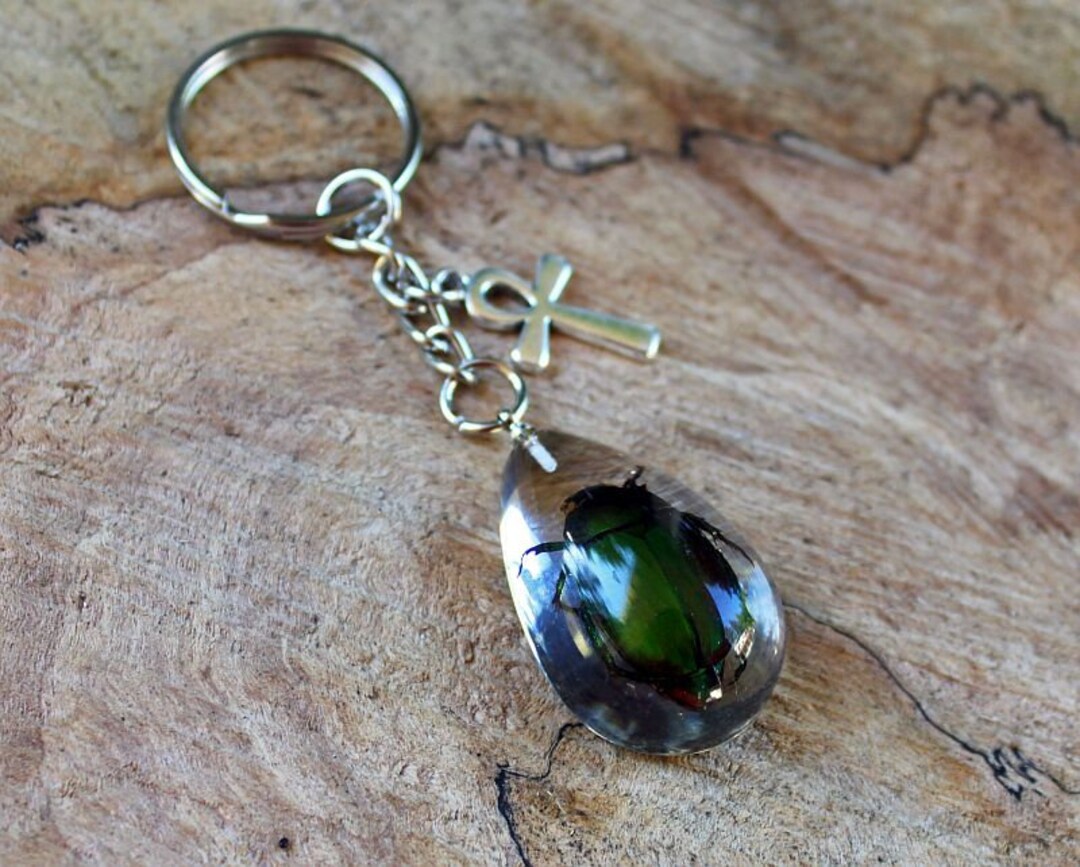 ETERNITY - Real Beetle Key Chain, Green Bug, Silver Ankh, Egyptian ...
