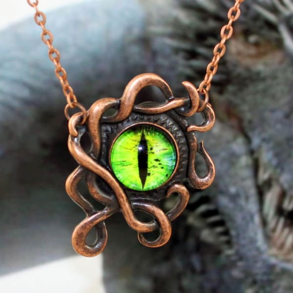 KNUCKER -Dragon Eye Necklace, Green Eye, Kraken Pendant, Cthulhu, Copper, Mens,Unisex, Fantasy, Mythical Sea Monster, Steampunk,Personalized