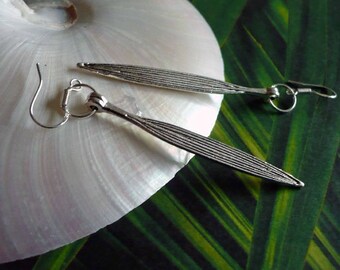 ZEN - Bamboo Leaf Earrings on Sterling Silver Wires, Nature Jewelry, Long Earrings, Antiqued Siver