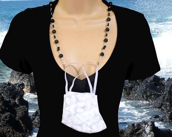 KILAUEA- Lava Mask Chain Necklace, Beaded Chain, Mask Lanyard, Face Mask Holder, Black Lava Beads, Silver, Choose Length, ID Holder