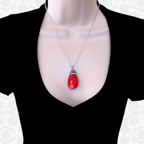 SCARLET - Red Faceted Glass Crystal Teardrop Necklace, Micro Pave Crystal Top,  XL Large, Pendant, Choker, Gift for Her, Valentine, Love