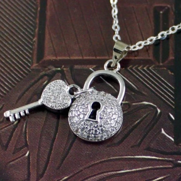 SECRET LOVE - Lock and Key Necklace, Micro Pave Cubic Zirconia Pendant, Key to my Heart, CZ, Sterling Silver Chain