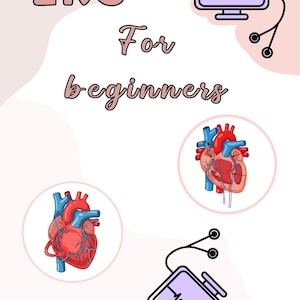 Könnte beinhalten: Medizinische Illustration mit dem Text "EKG For beginners". Das Bild zeigt ein Herzdiagramm, einen Monitor mit einem EKG und ein Stethoskop. Die Farbpalette umfasst Rosa, Blau und Rot.