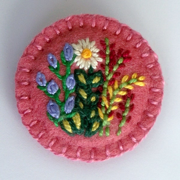 Tiny Garden - Felt Brooch or Pin - Floral Hand Embroidery on Soft Rose Felt