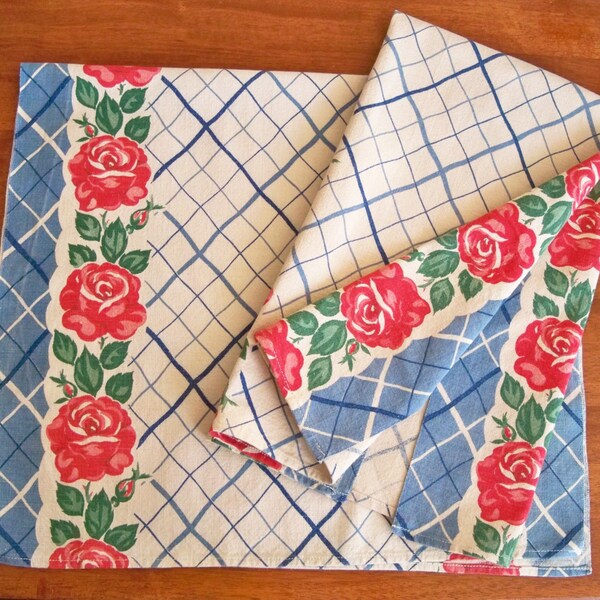 Vintage Kitchen Towel - Rose Trellis in Red, White, and Blue - Unused