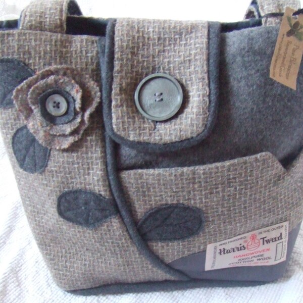 Poppies on My Scottish Wool Repurposed Blazer Bag Tans and Greys