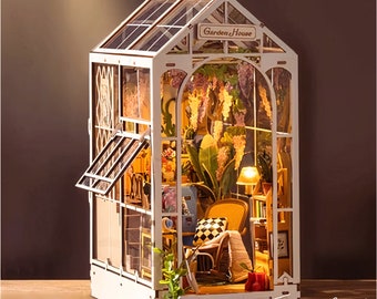 Glas-Gartenhaus-Bücherecke | DIY Booknook-Kit | 3D-Bücherregal-Einsatzmodell | Bücherregal Dekor | Holzpuzzle | Geschenk für Leser