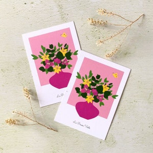Carte postale bouquet fleurs rose jaune papillon