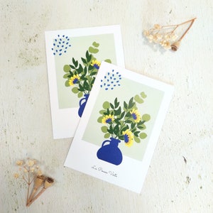 Carte postale bouquet fleurs bleu vert jaune