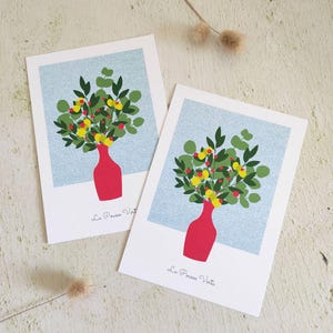 Carte postale bouquet fleurs rose bleu vase