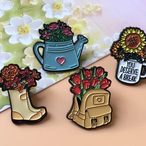 Backpack Boots Mug Flowers Enamel Pin | Healing Badge Pin | Lapel Pin | Collar Pin | Brooch Accessory | Enamel Pin Set | Gift for Her/Him