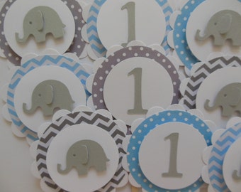 Elephant and 1st Birthday Cupcake Toppers - Chevron and Polka Dots - Blue, Gray and White - Boy Birthday Party Decorations - Set of 12