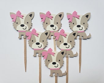 Puppy Dog Cupcake Toppers - Taupe, Cream and Pink - Girl Birthday Party Decoration - Girl Baby Shower Decoration - Set of 1