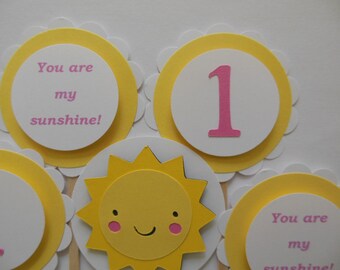 You Are My Sunshine 1st Birthday Cupcake Toppers - Yellow, Rose Pink and White - Girl Party Decorations - Set of 12