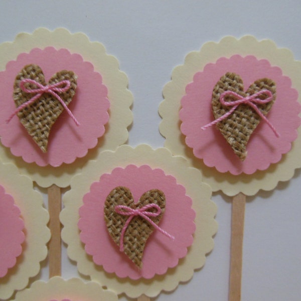 Burlap Heart Cupcake Toppers - Pink and Ivory - Girl Baby Shower Decorations - Girl Birthday Party Decorations - Set of 6