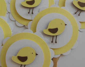 Bird Cupcake Toppers - Yellow and Brown - Gender Neutral - Baby Shower Decorations - Birthday Party Decorations - Set of 6