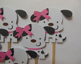 Puppy Dog Cupcake Toppers - White and Black - Girl Birthday Party Decorations - Girl Baby Showers - Set of 6