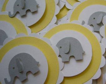 Elephant Cupcake Toppers - Gray, Yellow and White - Gender Neutral - Baby Shower Decorations - Child Birthday Party Decorations - Set of 12