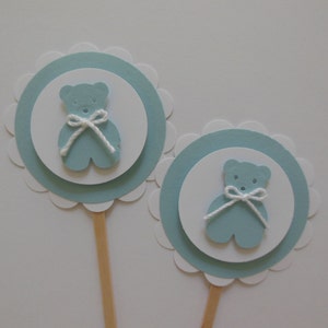 Teddy Bear Cupcake Toppers Blue and White Boy Baby Shower Boy Birthday Party Decorations Set of 12 image 3