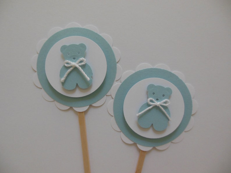 Teddy Bear Cupcake Toppers Blue and White Boy Baby Shower Boy Birthday Party Decorations Set of 12 image 3