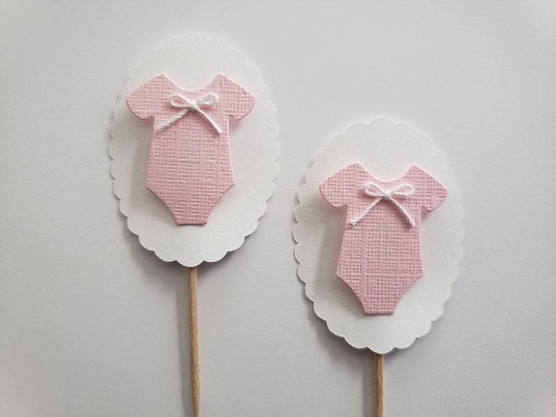 Baby Outfit Cupcake Toppers Pink and White Girl Baby Shower Decorations Gender Reveal Decorations Set of 6 image 1