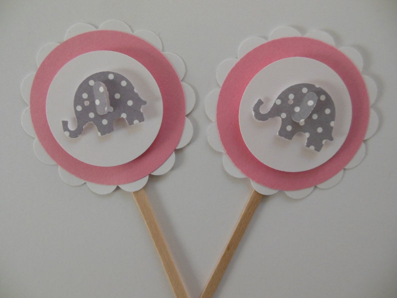Girl Birthday Parties Girl Baby Showers Elephant Cupcake Toppers Pink and White with Gray Polka Dot Elephants Set of 6