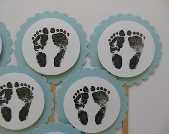 Footprint Cupcake Toppers - Blue and White - Boy Baby Shower Decorations - Gender Reveal  - Set of 6