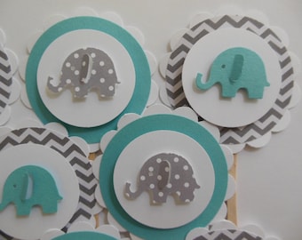 Elephant Cupcake Toppers Gray Polka Dots and Gray Chevron Set of 12 Teal 