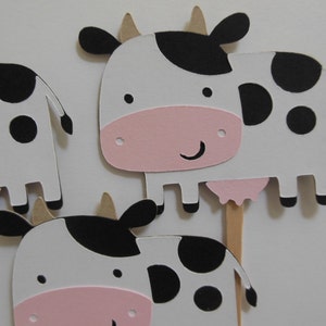 Cow Cupcake Toppers - White, Black and Pink - Child Birthday Party Decorations - Baby Showers - Farm Animals - Set of 6