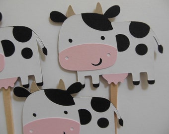 Cow Cupcake Toppers - White, Black and Pink - Child Birthday Party Decorations - Baby Showers - Farm Animals - Set of 6