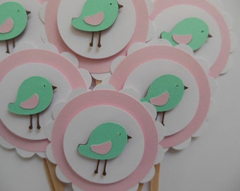 Bird Cupcake Toppers - Sea Foam Green, Light Pink and White - Girl Baby Shower Decorations - Girl Birthday Party Decorations - Set of 6