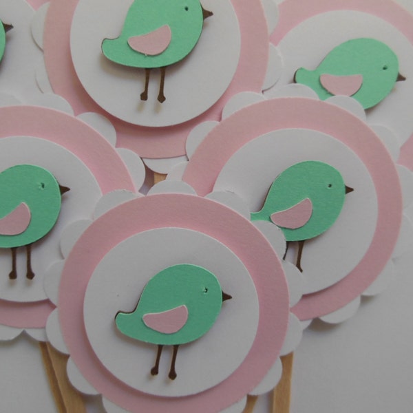 Bird Cupcake Toppers - Sea Foam Green, Light Pink and White - Girl Baby Shower Decorations - Girl Birthday Party Decorations - Set of 6
