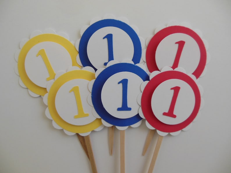 Yellow and Blue 1st Birthday Cupcake Toppers Gender Neutral Red Child Birthday Party Decorations Set of 6