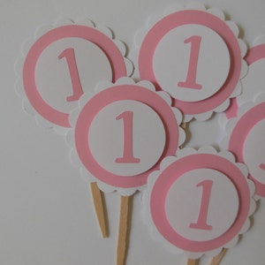 1st Birthday Cupcake Toppers - Pink and White - Girl Birthday Decorations - Baby Girls - Set of 6