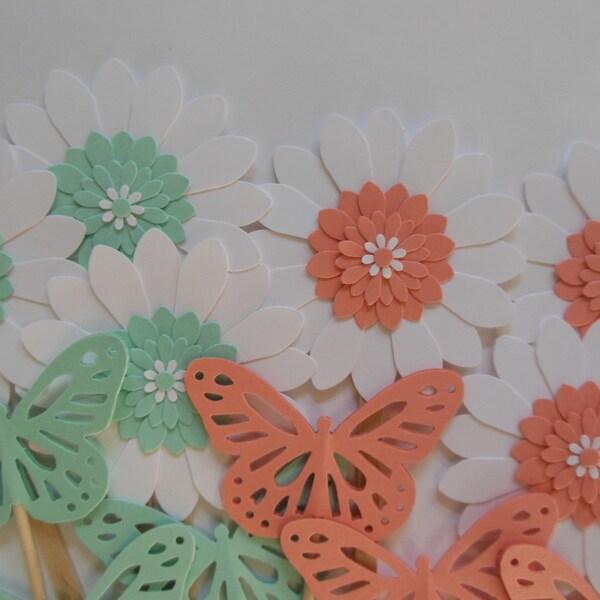 Butterfly and Flower Cupcake Toppers - MInt Green and Coral - Baby Showers - Bridal Showers - Birthday Party Decorations - Set of 12