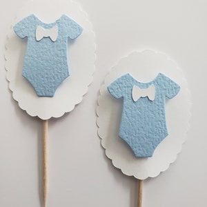 Baby Outfit Cupcake Toppers Blue and White Boy Baby Shower Decorations Gender Reveal Decorations Set of 6 image 2