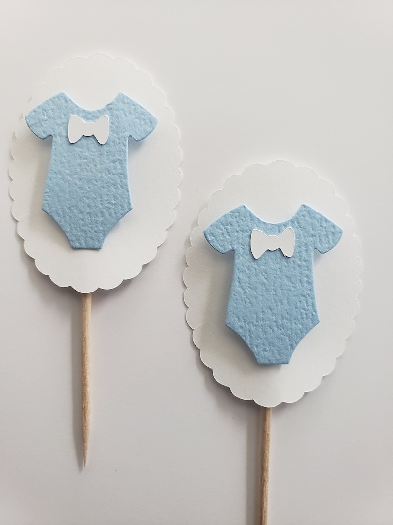 Baby Outfit Cupcake Toppers Blue and White Boy Baby Shower Decorations Gender Reveal Decorations Set of 6 image 2