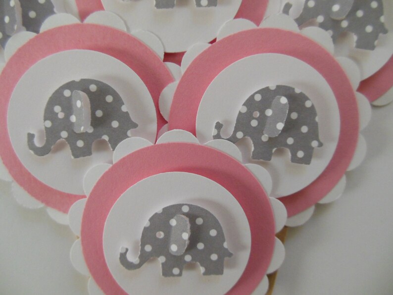 Girl Birthday Parties Girl Baby Showers Elephant Cupcake Toppers Pink and White with Gray Polka Dot Elephants Set of 6