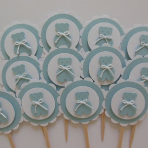 Teddy Bear Cupcake Toppers Blue and White Boy Baby Shower Boy Birthday Party Decorations Set of 12 image 2