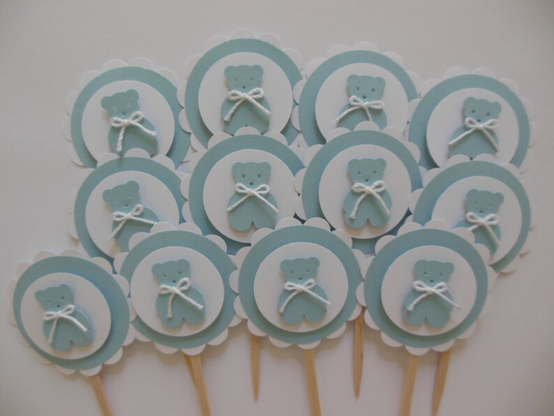 Teddy Bear Cupcake Toppers Blue and White Boy Baby Shower Boy Birthday Party Decorations Set of 12 image 2