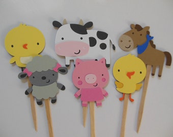 Farm Animal Cupcake Toppers - Chick, Cow, Horse, Lamb, Pig and Duckling - Birthday Party Decoration - Baby Shower Decorations - Set of 6