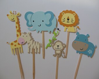 Zoo or Safari Animal Cupcake Toppers - Noah's Ark Theme - Gender Neutral Baby Shower Decorations - Birthday Party Decorations - Set of 6