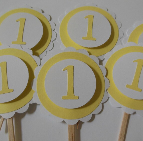 Items similar to 1st Birthday Cupcake Toppers Yellow and White