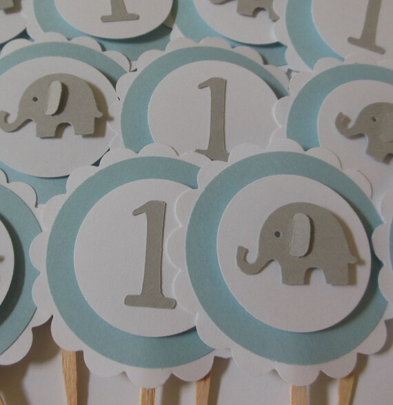 Elephant And 1st Birthday Cupcake Toppers Blue Gray And Etsy
