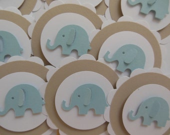 Elephant Cupcake Toppers - Blue, Light Brown and White - Boy Baby Shower Decorations - Boy Birthday Party Decorations - Set of 12