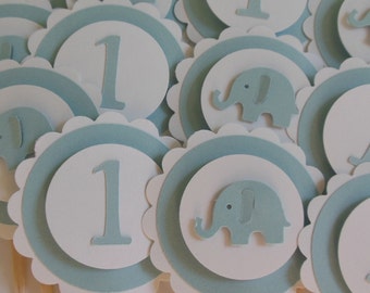 Elephant and 1st Birthday Cupcake Toppers - Blue and White - Boy Birthday Party Decorations - Set of 12